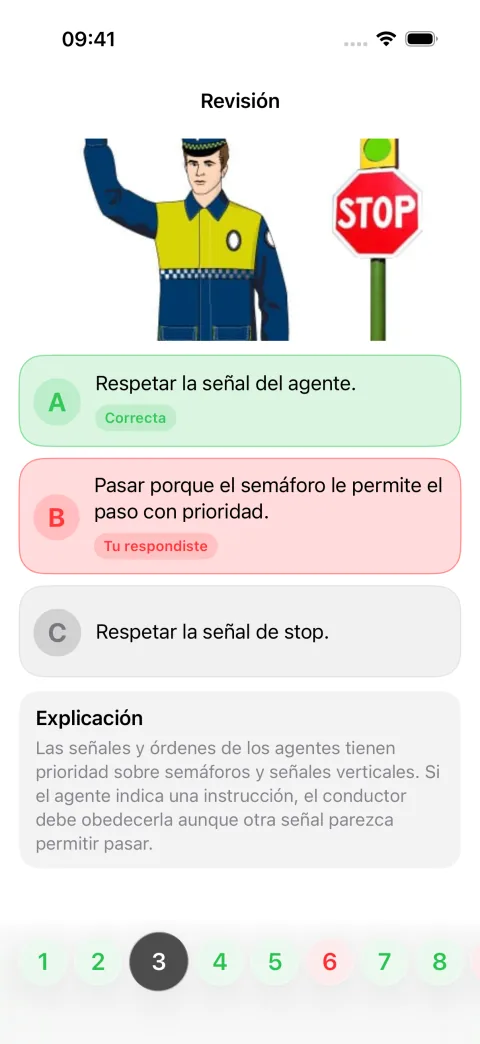 Pantalla de revisión de una pregunta fallada en TeoriGO